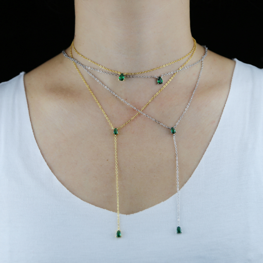 New arrived women wedding choker necklace with green cz paved Y shape long layer chain statement necklace Jewelry wholesale