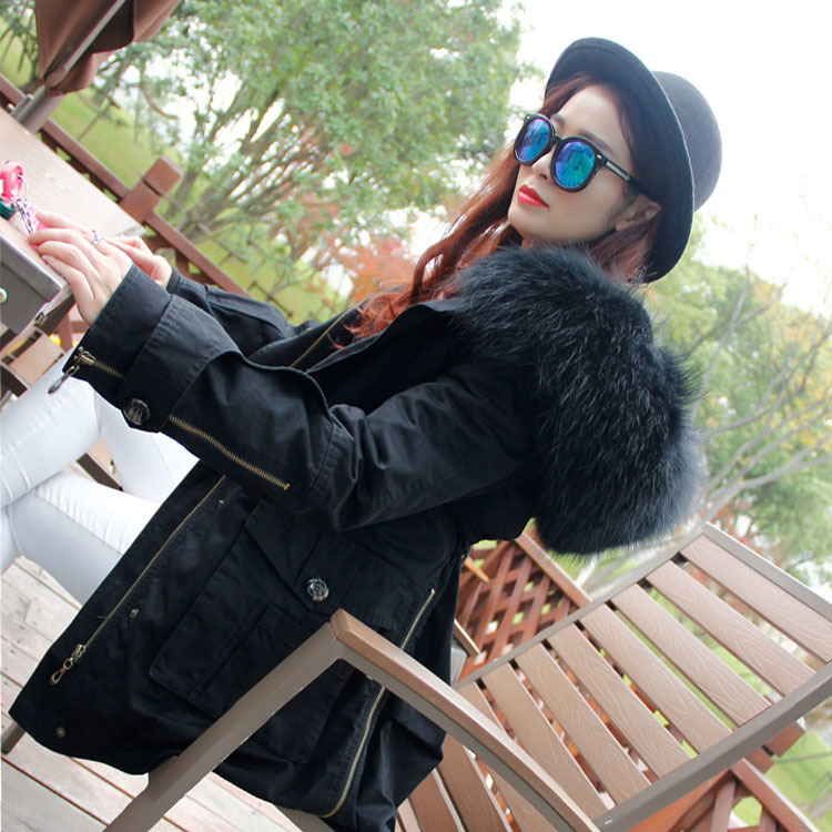 New Autumn Winter Coats Women Jackets Long Real Large Raccoon Fur Collar Thick Fur Liner Ladies Outwear Army Green Black 201110