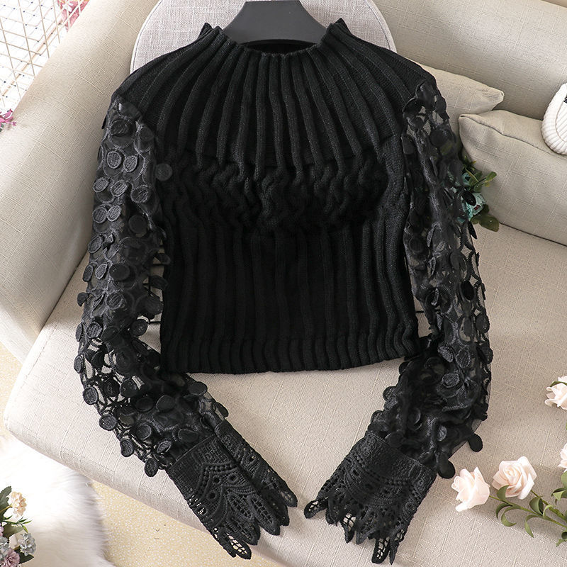 Three-dimensional Circle Bubble Sleeve Tight Skinny Short Sweater Sweater Stitching Round Neck Sweater Women Tide 201111