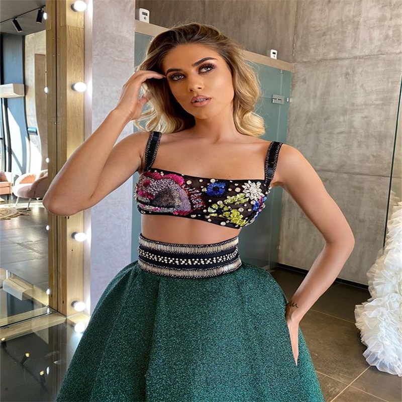 Two Pieces Evening Dresses Waistless Ruched A Line Prom Dresses Sexy Spaghetti Appliqued Beads Custom Made Knee Length Formal Party Gown