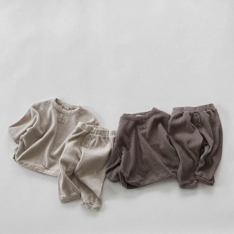 Autumn New Toddler Baby Boys Girls Waffle Clothes Casual Long Sleeve T-shirt Tops+long Pants Kids Outfits Home 2pcs Set 201031
