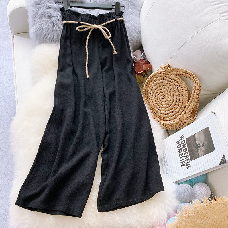 ZADORIN Korean Casual Summer Wide Leg Pants Women Linen High Waist Palazzo Pants With Belt Black White Loose Wide leg Trousers T200319