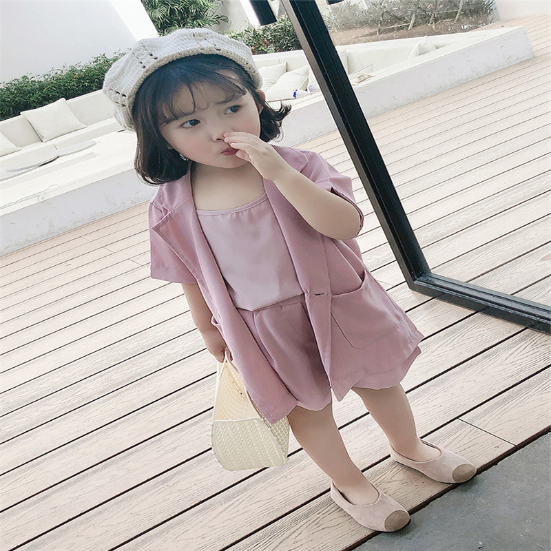 2-7T Fashion Baby Girls 3pcs suit Infant kids Clothes Sets Solid Vest Tops Short Sleeve Blazer Coat Shorts summer OutfitsX1019