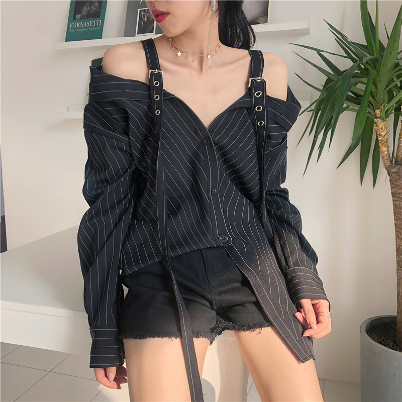 LANMREM New Fashion Personality Black Strap Vertical Stripe Off-shoulder Long Sleeve Shirt Female's Blouse Vestido YE22801 T200322