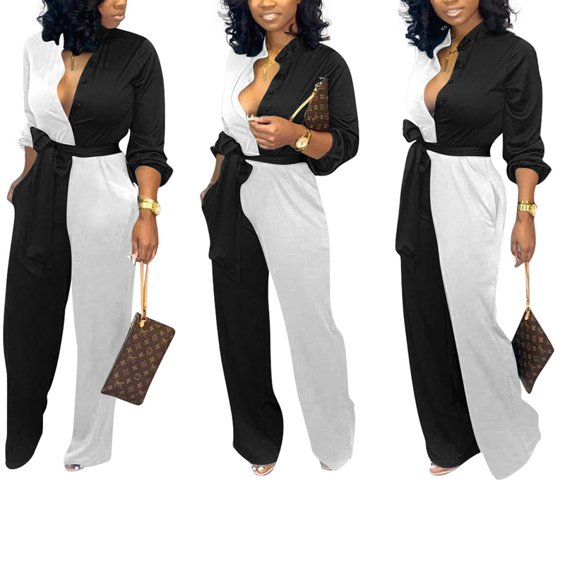 Women Black White Colorblock Jumpsuits Long Sleeve Patchwork Outfits Winter Autumn Office Elegant Rompers Plus Size XXL T200616