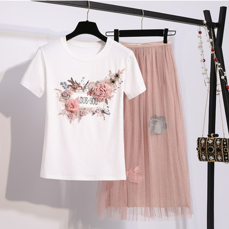 Women's Ral Print 2-Piece Summer Set: Embroidered Cotton Tee & Mesh Skirt B3