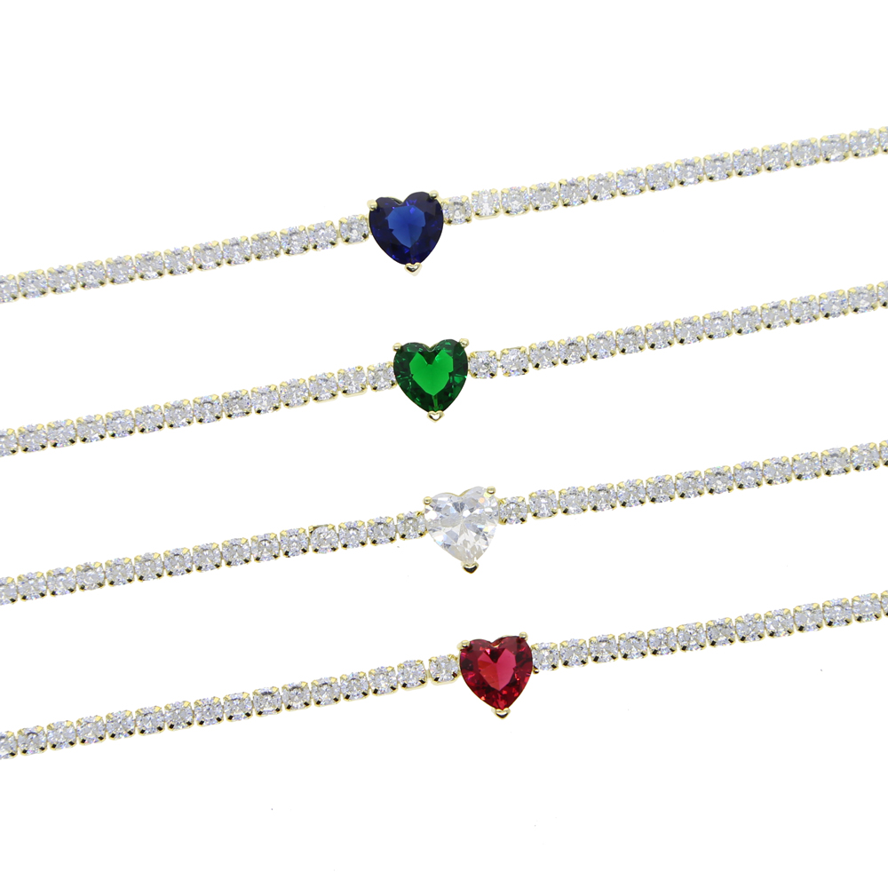2021 Valentine's Day Gift 3mm Thin Tennis Chain Rainbow Colorful Red Green Blue White CZ Heart Gold Plated Girl Choker Necklace