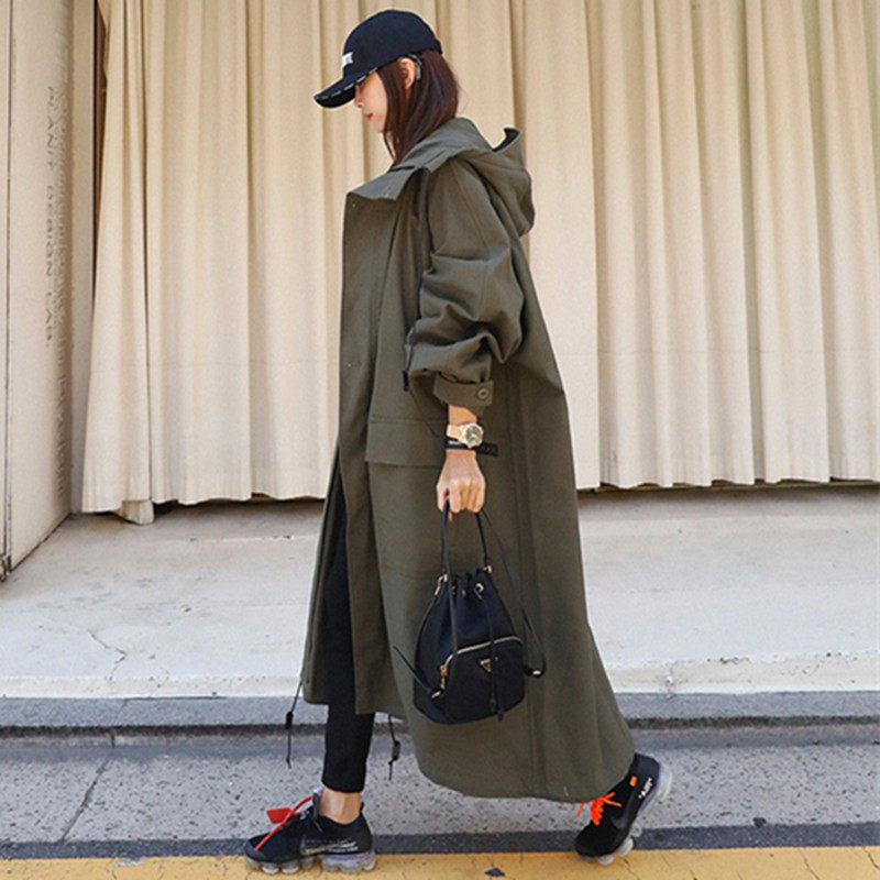 Autumn Spring New Korean Trench Coat Army Green Women's Windbreaker Loose Plus Size Hooded Cloak Harajuku Chaqueta Mujer f2527 T200805