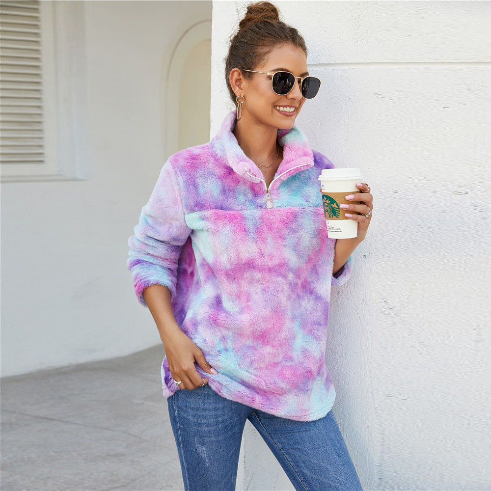 Sherpa Fleece Sweater Rainbow Gradient Fluffy Zipper Pullover Female Winter Warm Tops Chic Party Fluffy Teddy Fleece Sweaters 201222