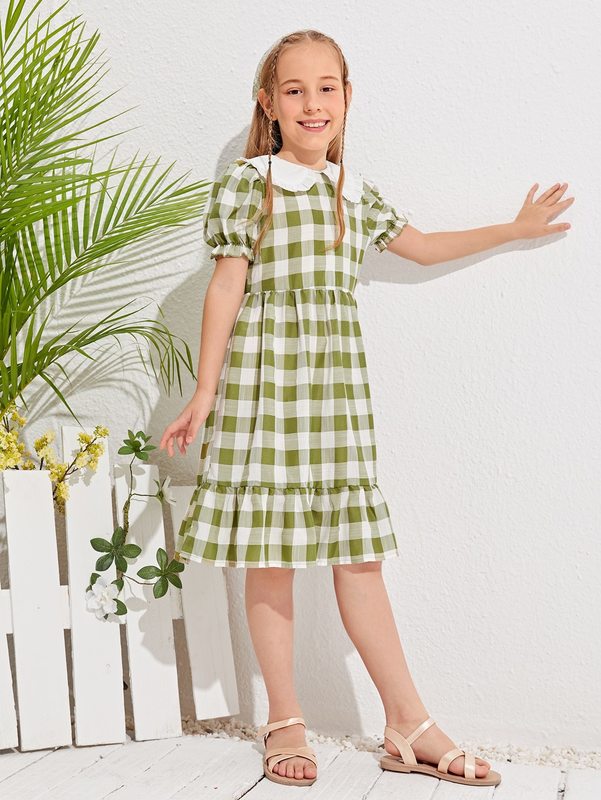 Girls Peter Pan Collar Puff Sleeve Gingham Dress SHE