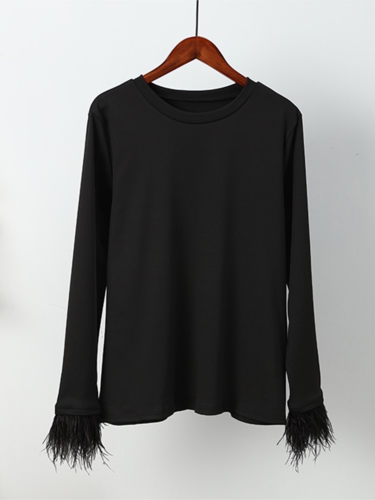 Early Spring Women Elegant Splicing Feather Long Sleeve Blouse T-Shirt Female Fashion Chic Simple Casual Pullovers Top 220307