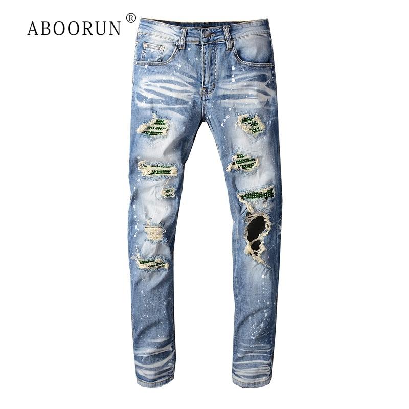 ABOORUN Men's Rhinestone Patchwork Jeans Distressed Painted Ripped Slim fit Jeans Cotton Stretch Denim Pants, Blue
ABOORUN Men's Rhinestone Patchwork Jeans Distressed Painted Ripped Slim fit Jeans Cotton Stretch Denim Pants, Blue