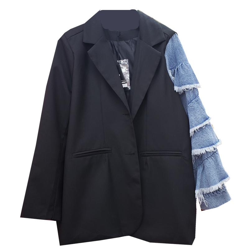 [EWQ] Autumn Ladies Fashion Blazer Denim Patchwork Long Ruffled Sleeve Loose Single Breasted Suit Coat Women Suits Outwear 201114