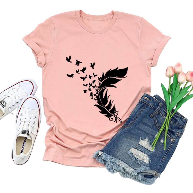 2020 Women casual Harajuku fashion t-shirt feather print loose o-neck short sleeve elastic stretched summer home new Tee Shirt