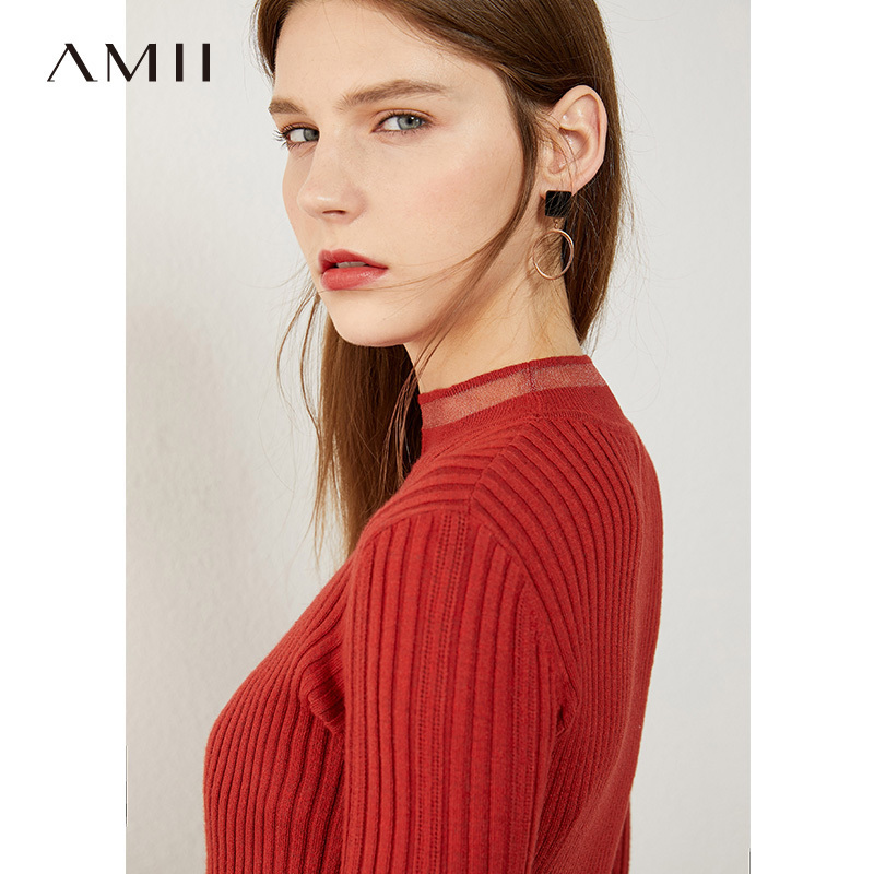 AMII Minimalism Autumn Fashion Women Sweater Causal Solid Stripe Slim Fit Turtleneck Sweater Female Pullover Tops 12030334 201017
