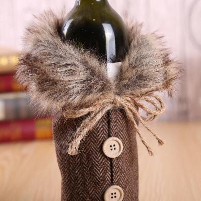 DHL Fast Delivery New Wine Cover with Bow Plaid Linen Bottle Clothes with Fluff Creative Wine Bottle Cover Fashion Christmas Decoration