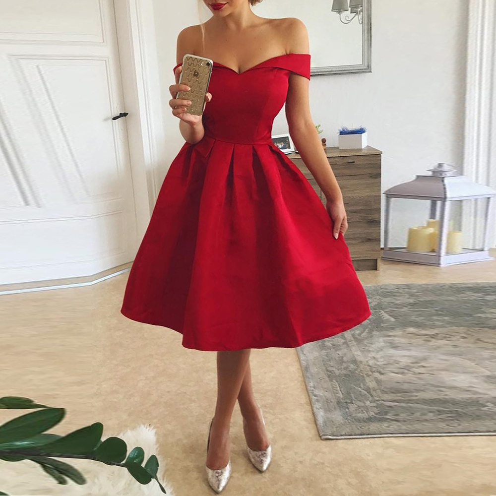 Elegant Red Dress Women Patchwork Slash Neck Short Sleeve Tunic Dress Summer Lady Sexy Prom Gown Evening Party Dresses D30 T200320