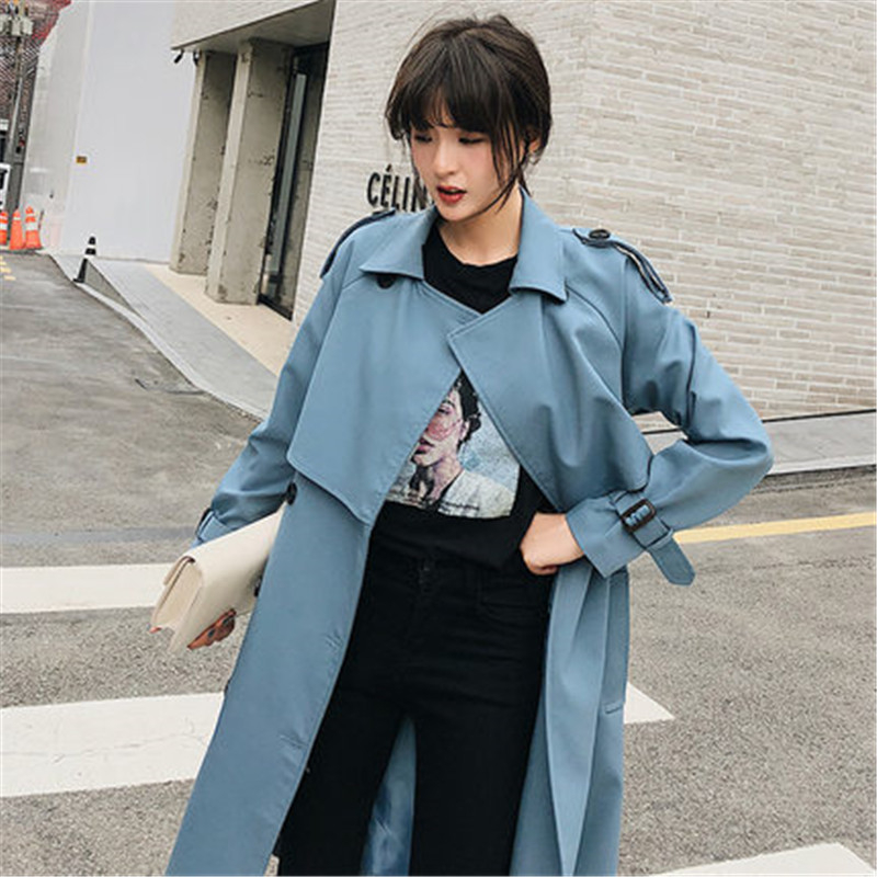 Windbreaker Female 2019 Spring Autumn New Korean Leisure Chic Loose Ladies Harbor Wind Long Trench Coat For Women Blue T200319