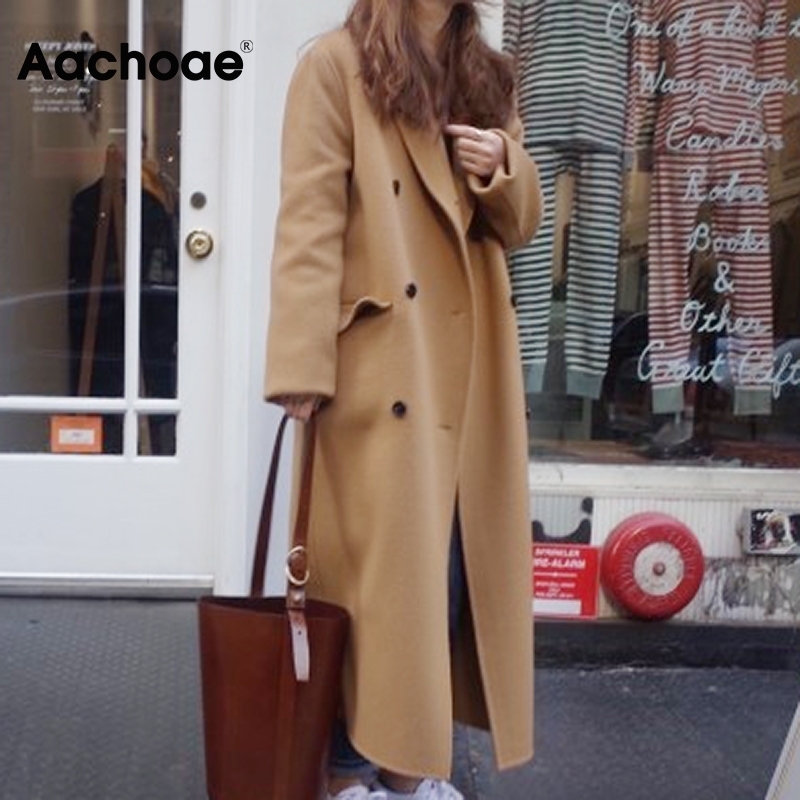 Aachoae Casual Black And Khaki Coat Women Long Sleeve Office Wear Elegant Long Coats Double Breasted Wide Waisted Pocket Coat 201027