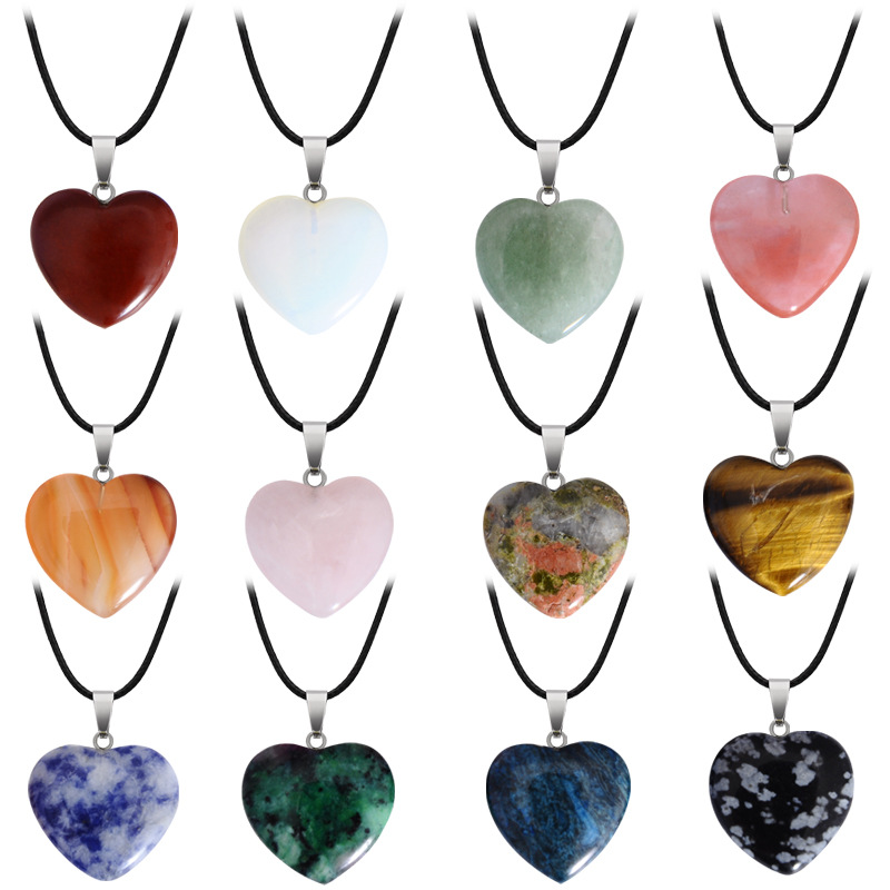 Handmade Leather Rope Chain Love Heart Natural Stone Pendant Chakra Necklace for Women Heart Shape Crystal Agate Jade Gemstone Necklaces Couple Nice G