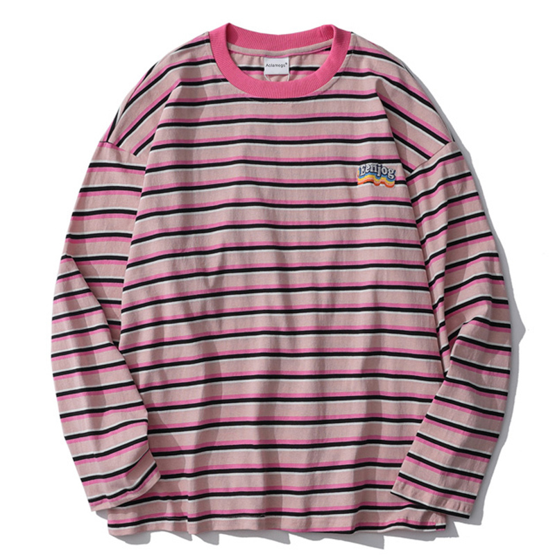 Aolamegs Long Sleeve T-shirt Men Autumn Striped Sweatshirts Harajuku Casual Pullover Couple Loose Tops Tee Minimalist Streetwear 201202