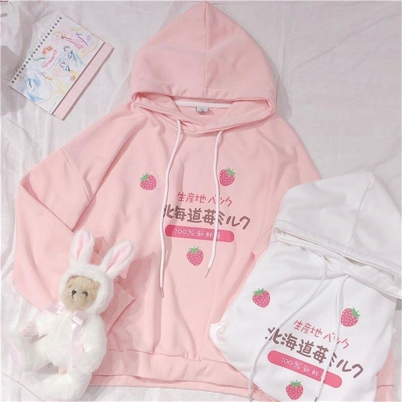Harajuku Kawaii Strawberry Milk Graphic Sweatshirt Hoodie Women Streetwear Winter Plus Size Women Loose Thin Hoodie Cute Clothes 201212