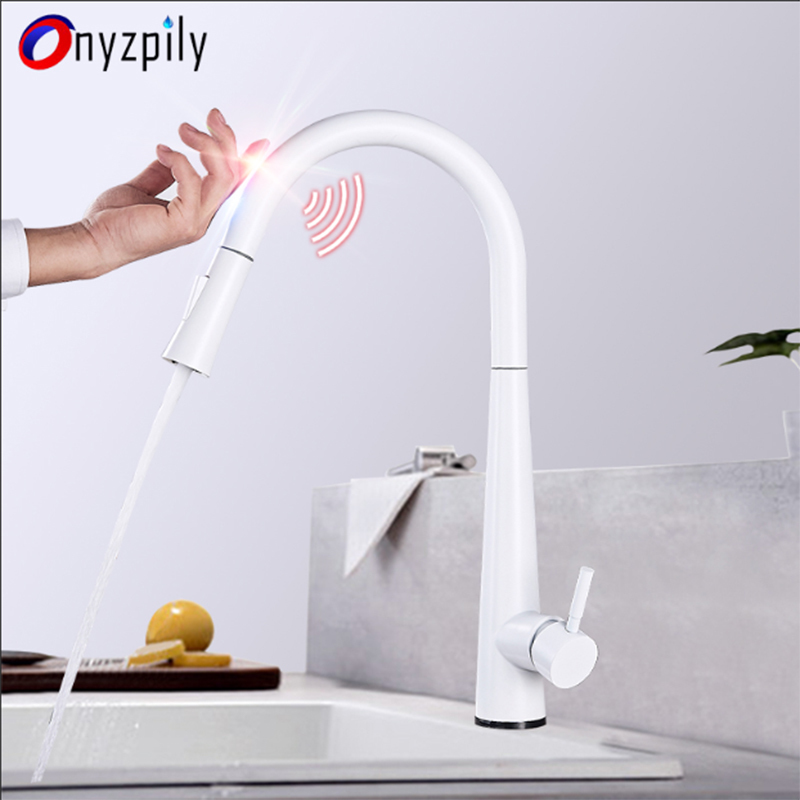 

Onyzpily Sensor Kitchen Faucets White Touch Inductive Sensitive Faucets Mixer Water Tap Single Handle Dual Outlet Water Modes T200710
