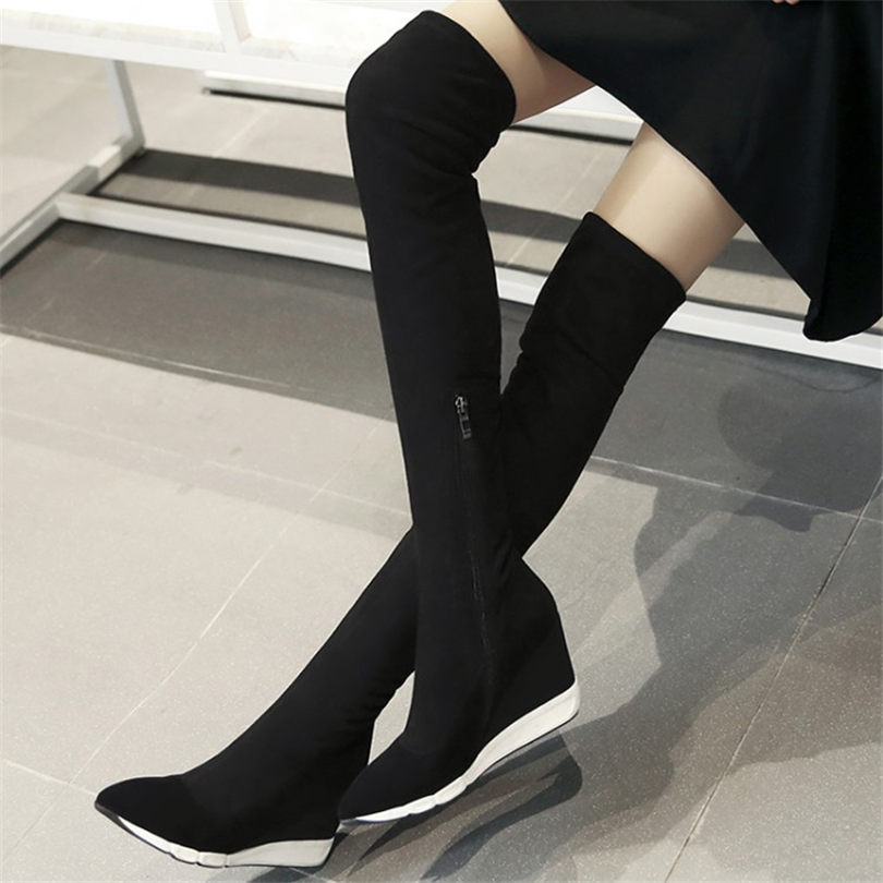 Hot Sale-Thigh High Boots Women Black Genuine Leather Over The Knee High Riding Booties Wedges Heel Tall Shaft Pumps