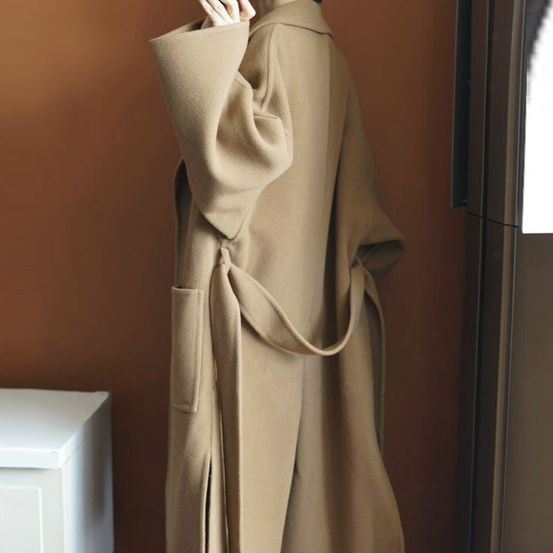 100% Wool Coat Female Office Lady Side Cut Turn-down Collar Outwear Long Black Camel Women's Coats with Belt 201027