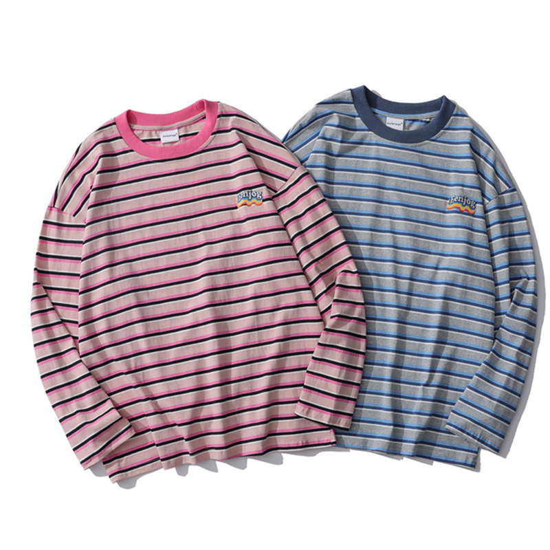 Aolamegs Long Sleeve T-shirt Men Autumn Striped Sweatshirts Harajuku Casual Pullover Couple Loose Tops Tee Minimalist Streetwear 201202
