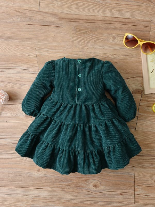 Baby Corduroy Button Back Puff Sleeve Ruffle Hem Dress SHE