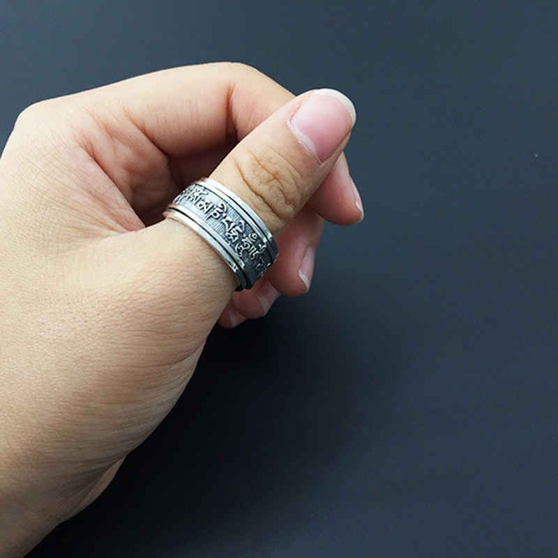 Real 925 Sterling Silver Vintage Rings For Men Rotatable Tibetan Six Words Mantra Rings Om Mani Padme Hum Buddhist Jewelry 201110