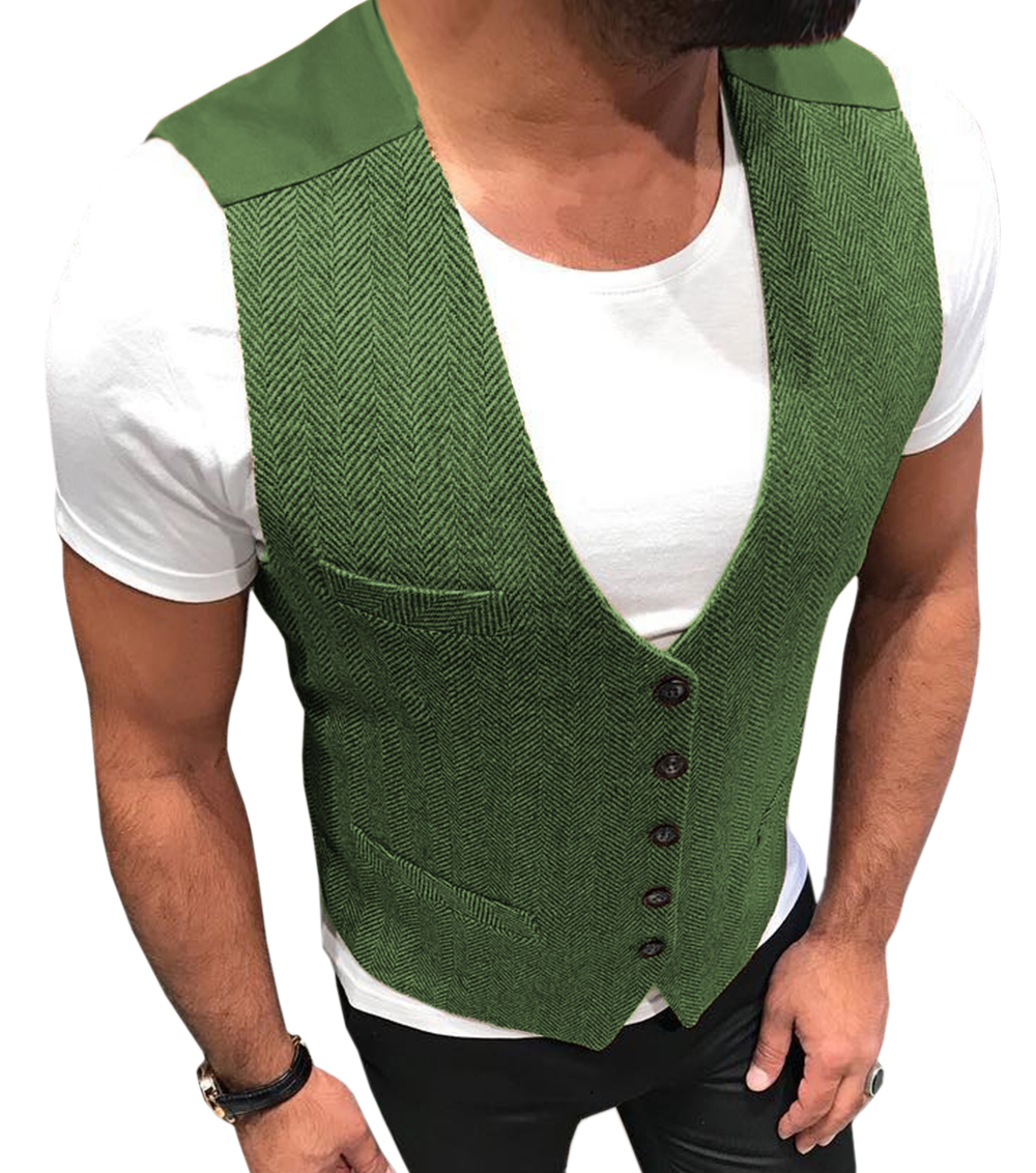 2021 Fashion Wool Groom Vests Wedding Brown Patchwork Herringbone Tweed Groom Vest Slim Fit Mens Business Suit Vest Prom Wedding Waistcoat