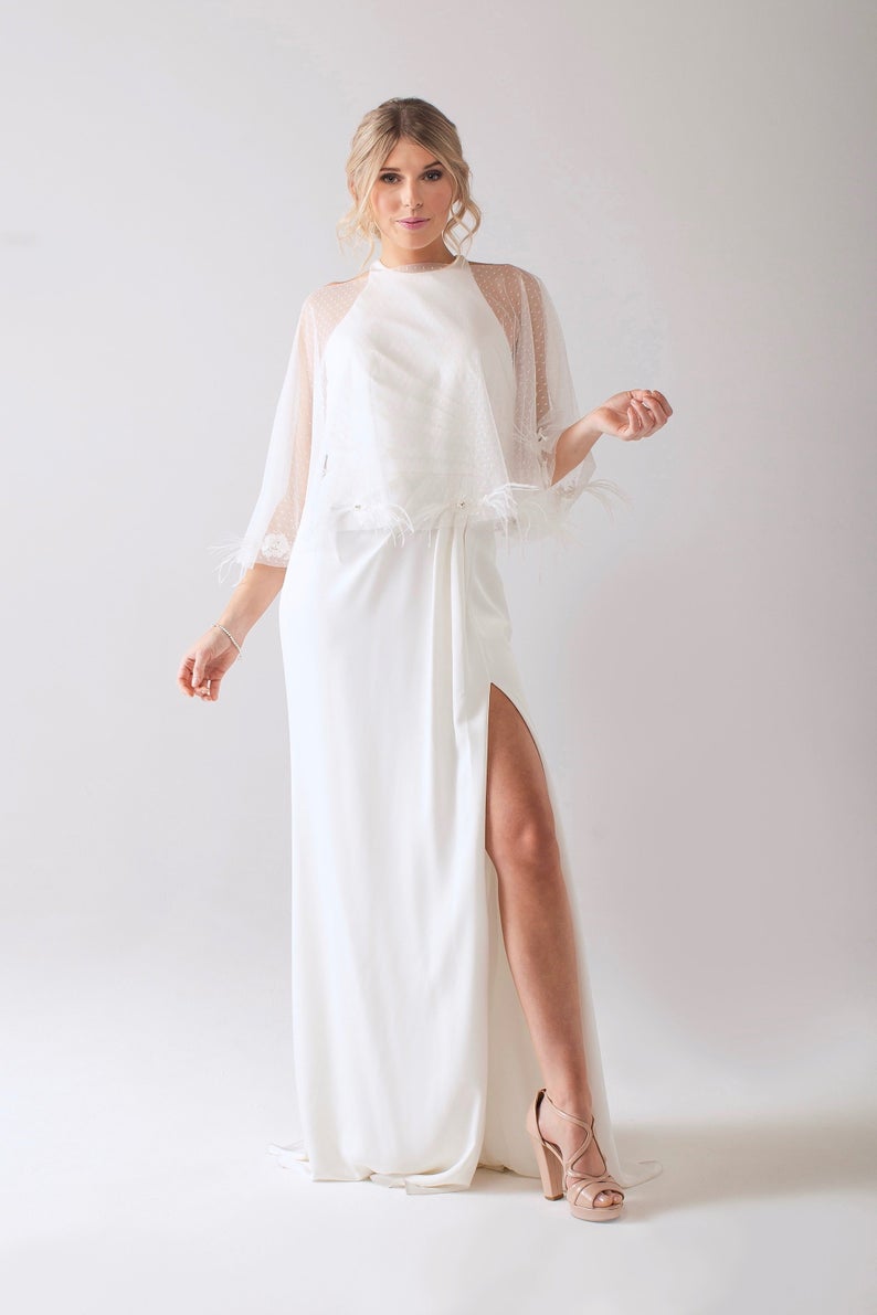 New White Ivory Short Tulle Wraps Feather Top Bridal Bolero O Neck Custom Made Shawl Jackets