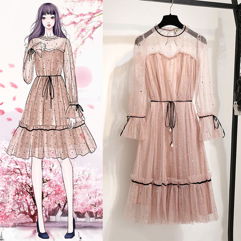 Young Gee Women Summer Autumn Bling Stars Sequins Mesh Dress NEW Ruffles Lace Female Flare Sleeve Loose Vintage Dresses vestidos T200320