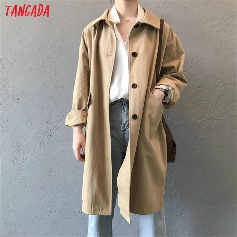 Tangada women oversized khaki long trench coat fashion elegant long sleeve ladies high street loose outwear ASF02 201211