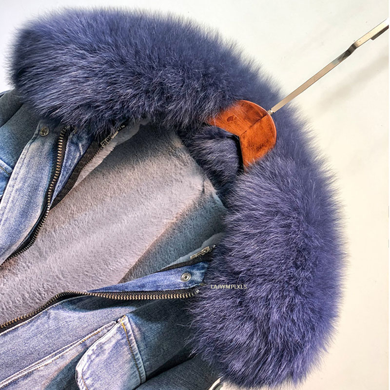 Winter Thick Warm Coat Women Real fox Fur collar Denim Jacket New Korean faux Rabbit Liner Bat Sleeve Loose Female Parka T200915