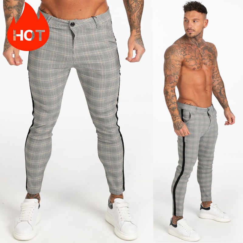 GINGTTO Trousers Skinny Super Stretch Chinos Pants Slim Fit Mens Casual Pant Plaid Elastic Waist 201125