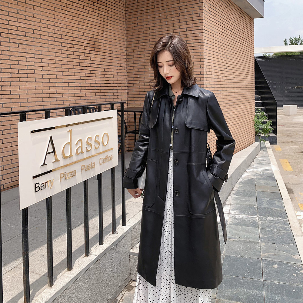 Nerazzurri black long leather trench coat women with belt turn down collar spring faux leather coat leather clothes for women 210201