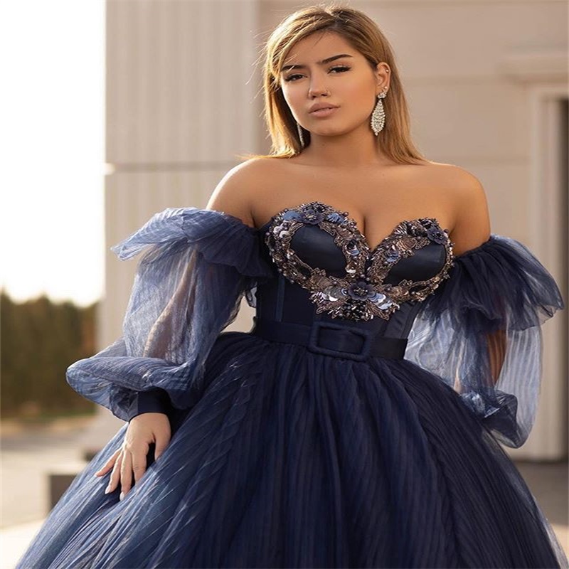 Navy Ball Gown Prom Dresses Sweetheart Long Sleeves Ruffles Tulle Evening Dresses Appliqued Beads Party Dress With Belt