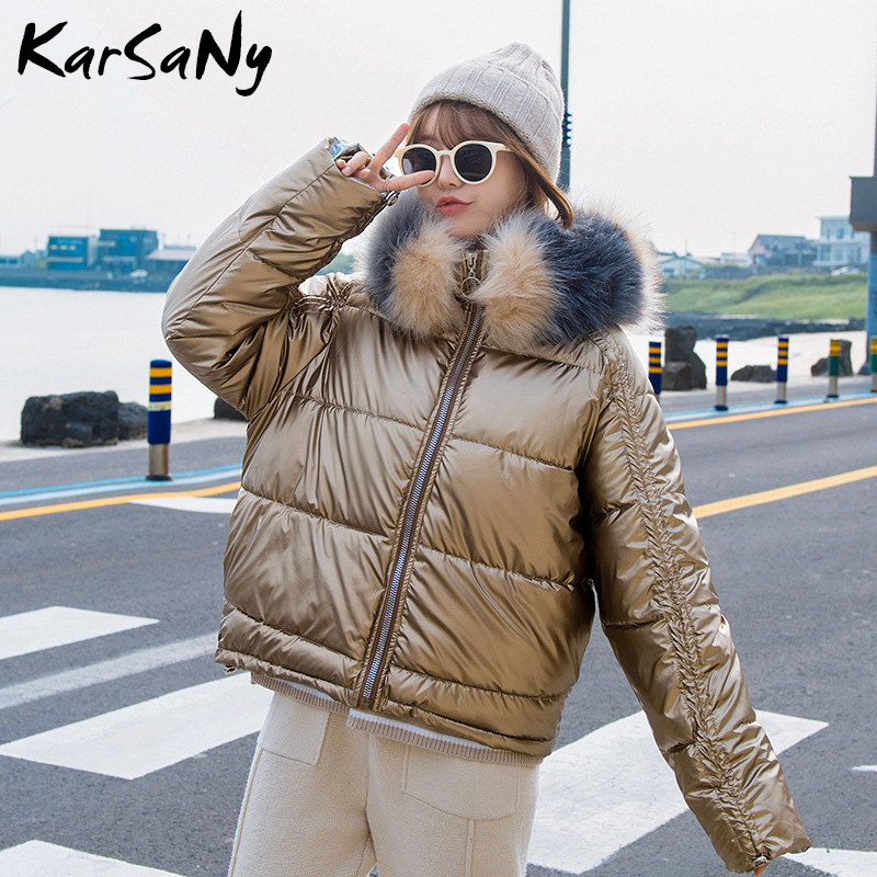 KarSaNy Fashion Winter Jackets Women Parka With Fur Woman Oversize Coat and Jacket Shiny Thicken Warm Coat With Fur Hood 201019