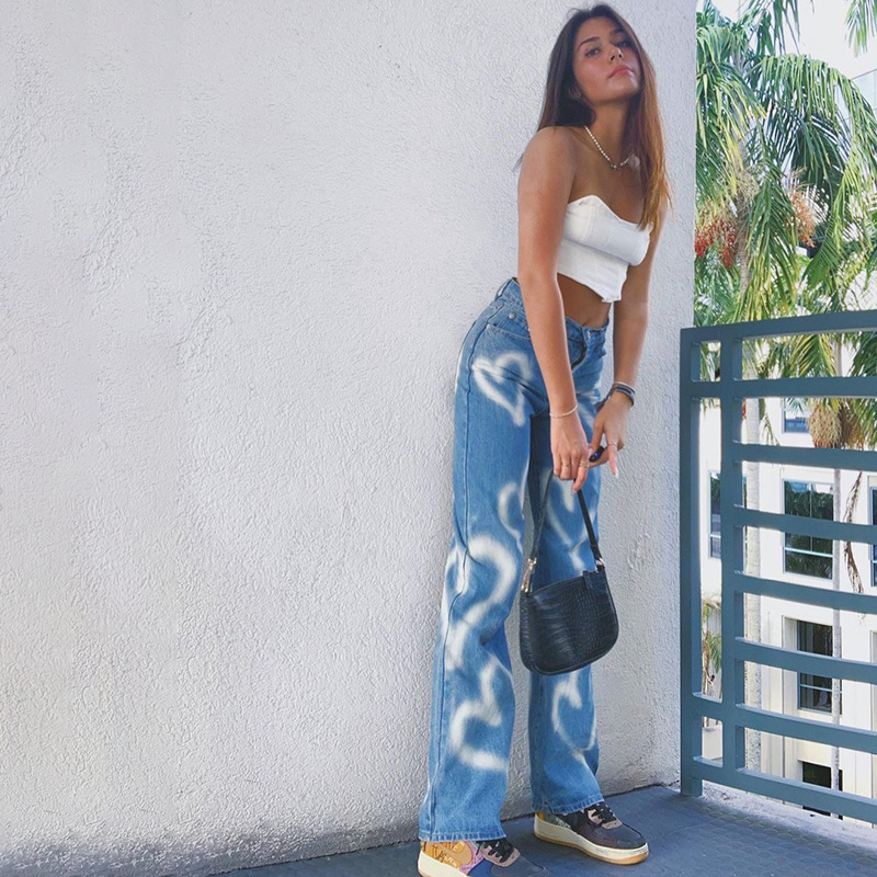 Women Causal Vintage Jeans Heart Printed Baggy Jeans Women High Waist Lady Jeans Denim Streetwear Trousers