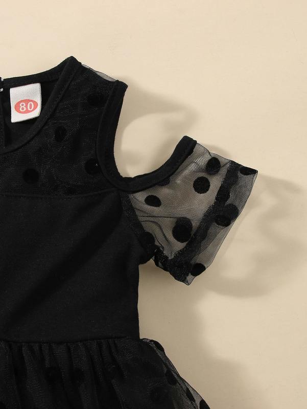 Baby Contrast Polka Dot Mesh Cold Shoulder Dress SHE