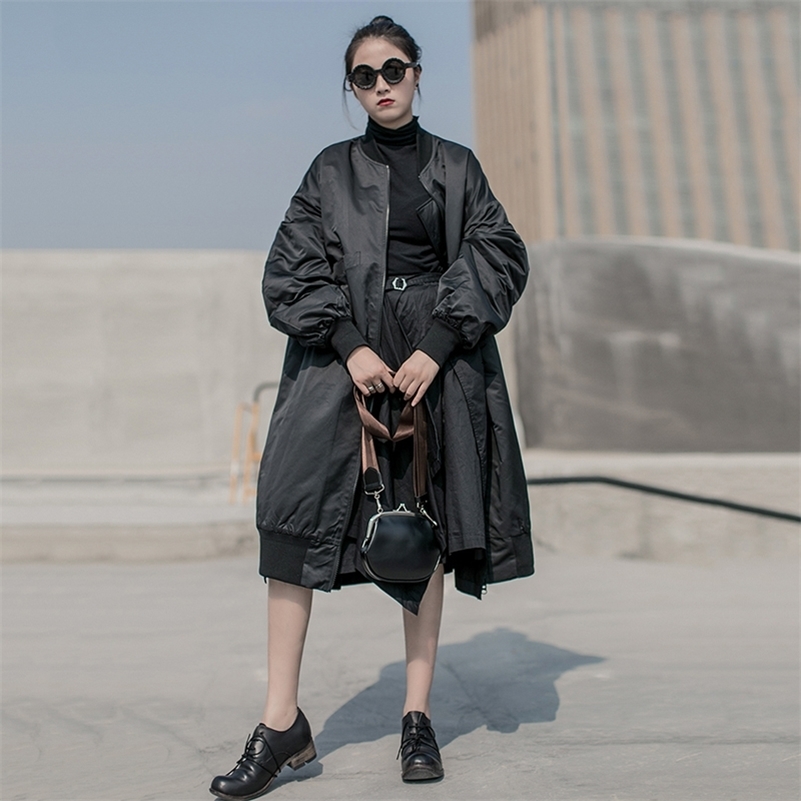 EAM Oblique Button Big Size Cottonpadded Coat Long Sleeve Loose Fit Women Parkas Fashion Spring Autumn 19Aa825 Y201001