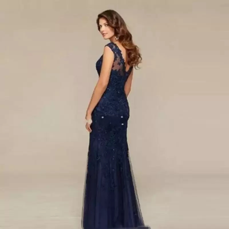 Sheer Crew Neck Elegant Mother Of The Bride Dresses New Arrival Navy Blue Lace Long Mermaid Party Gowns Wedding Guest Evening Dress