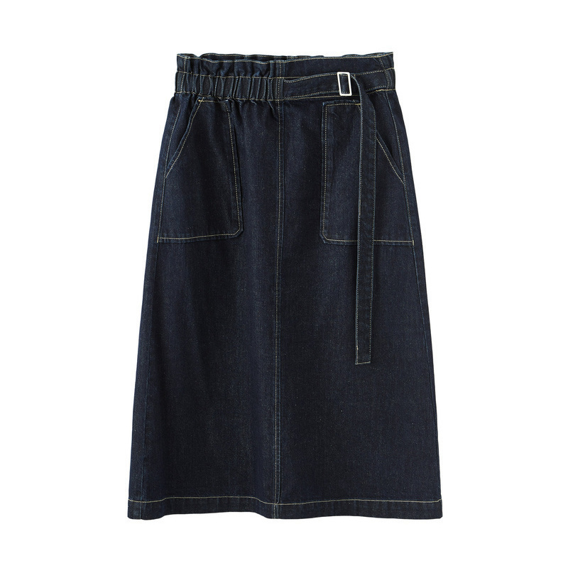 INMAN Spring Autumn Elastic Waist Fashion All Matched Patch Pocket Casual Literary Retro Women Medium Jean Skirt T200113