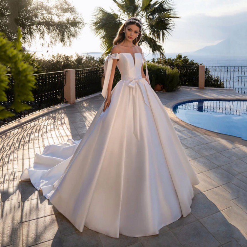 Elegant Simple Wedding Dress 2022 Off The Shoulder Princess Boho Satin Bridal Gown With Belt Bowknot Women Vestidos de Noiva Robe Mariage