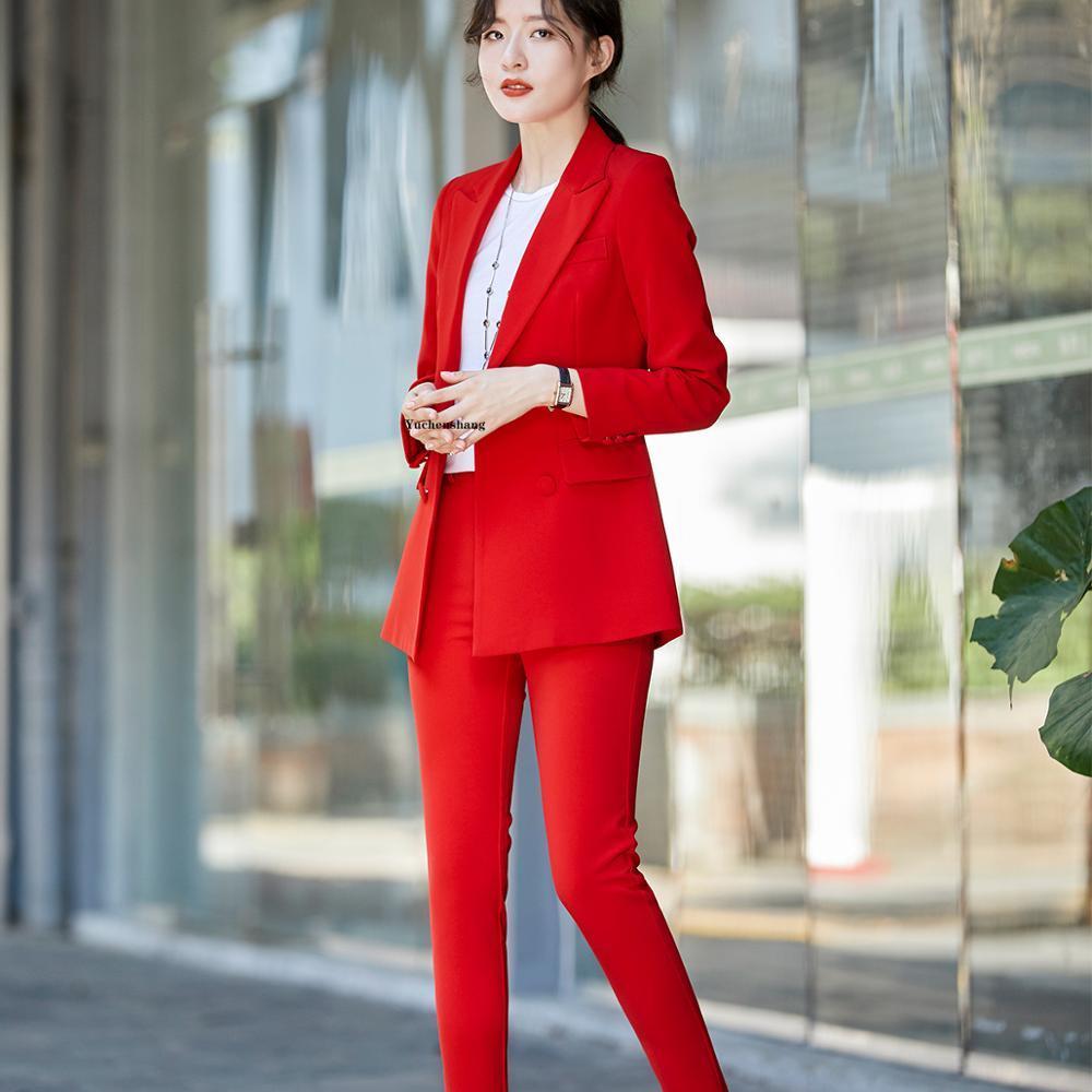 Women's Clothing Solid Color Trouser for Women Jacket Pants Suit Office Business Ladies Suits Blazer Set Women Suits T200818