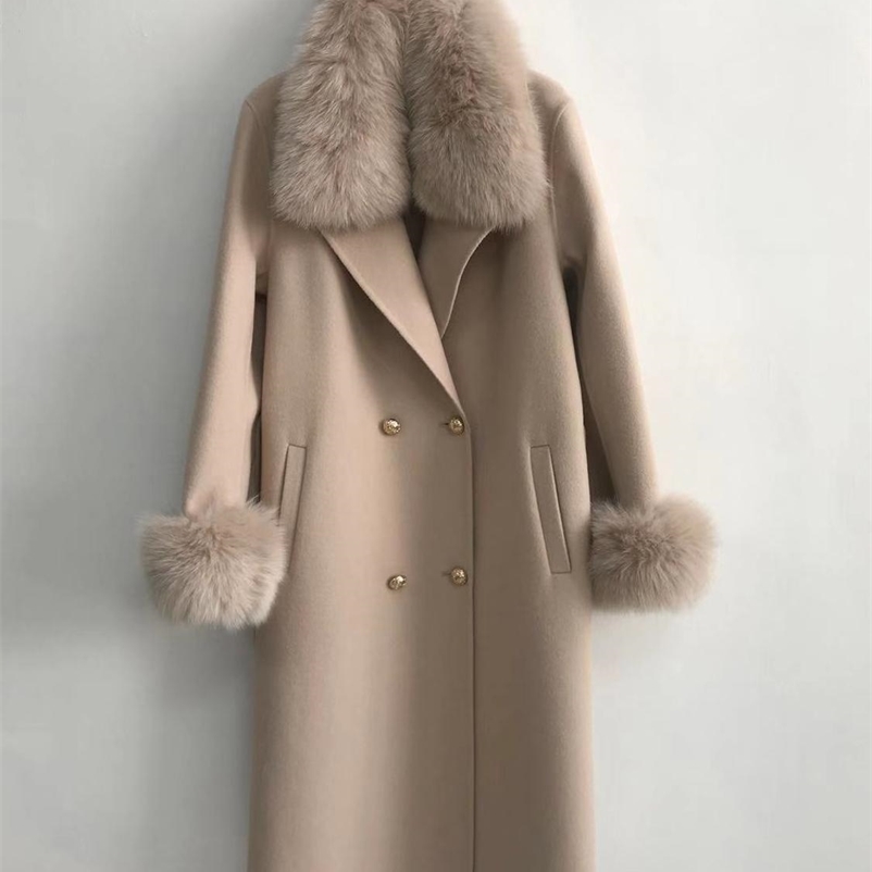 QIUCHEN PJ19100 New arrival high quality cashmere women jacket with real fox fur collar and cuffs Fashion model 201222