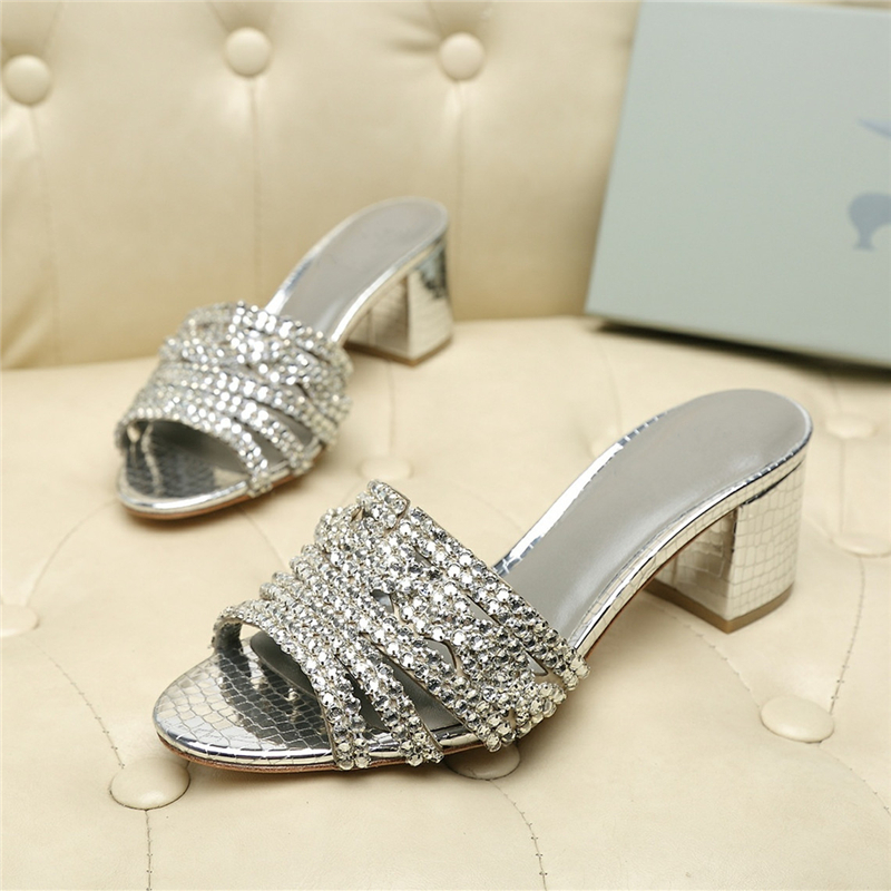 Slipper Crystal Diamond Square Heel Shoes Woman Sexy Stone Grain Gladiator Mules For Women Plus Big Size Y200423